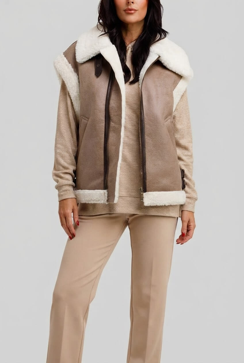 Women's Shearling-Trim Suede-Look Vest | Zip Front