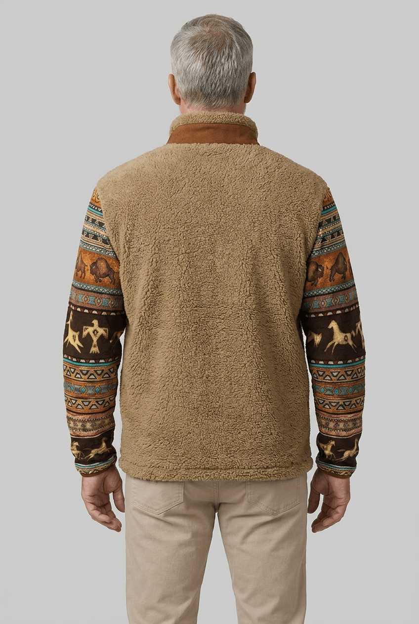 Men's Sherpa Fleece Jacket | Aztec Print Sleeves & Contrast Collar