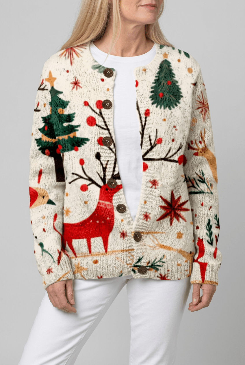 Women's Reindeer Christmas Print Knit Cardigan | Button Front