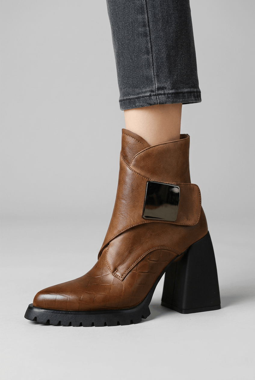 Women's Platform Ankle Boots | Decorative Plate Detail