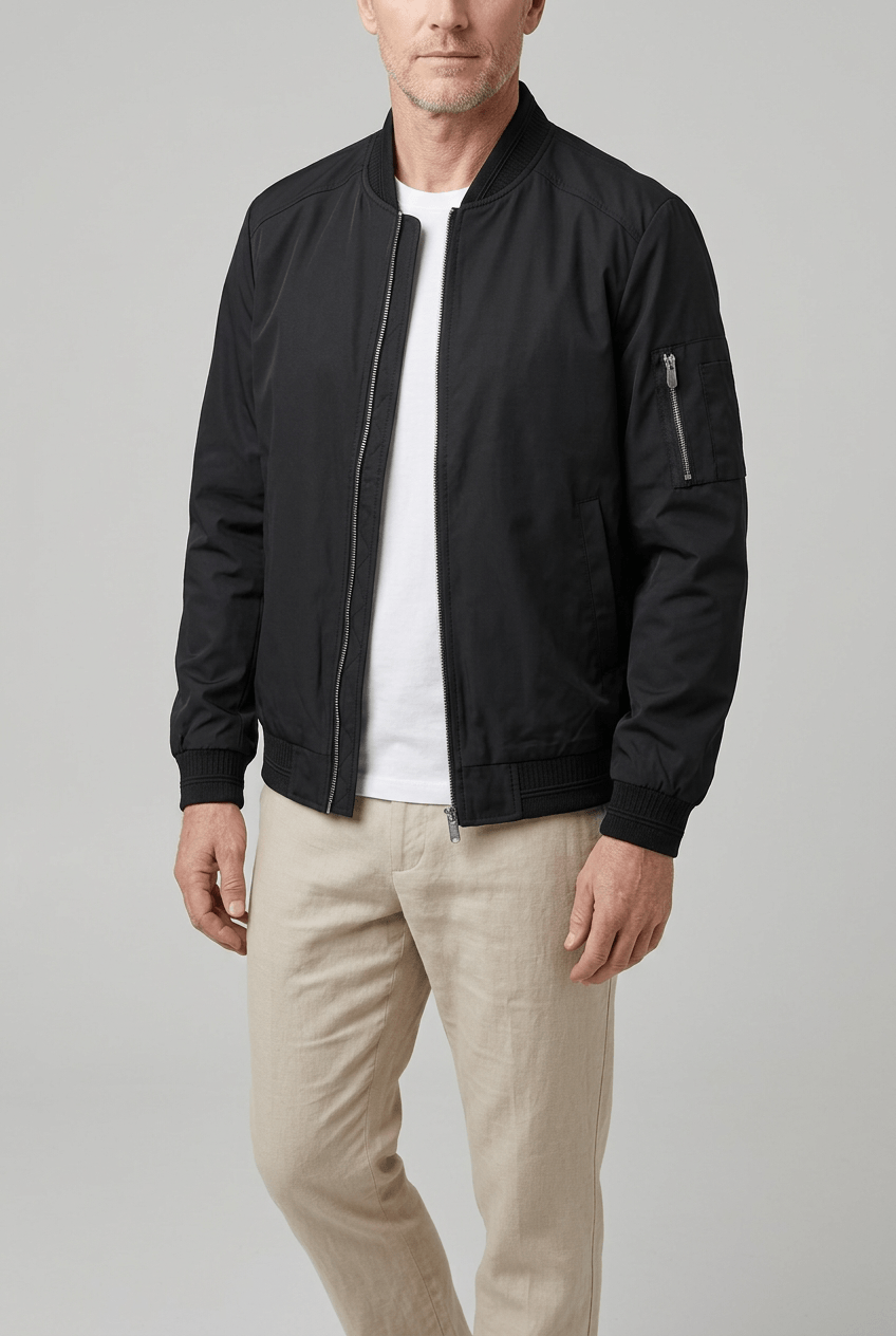 Men's Slim Fit Bomber Jacket | Full Zip & Ribbed Collar