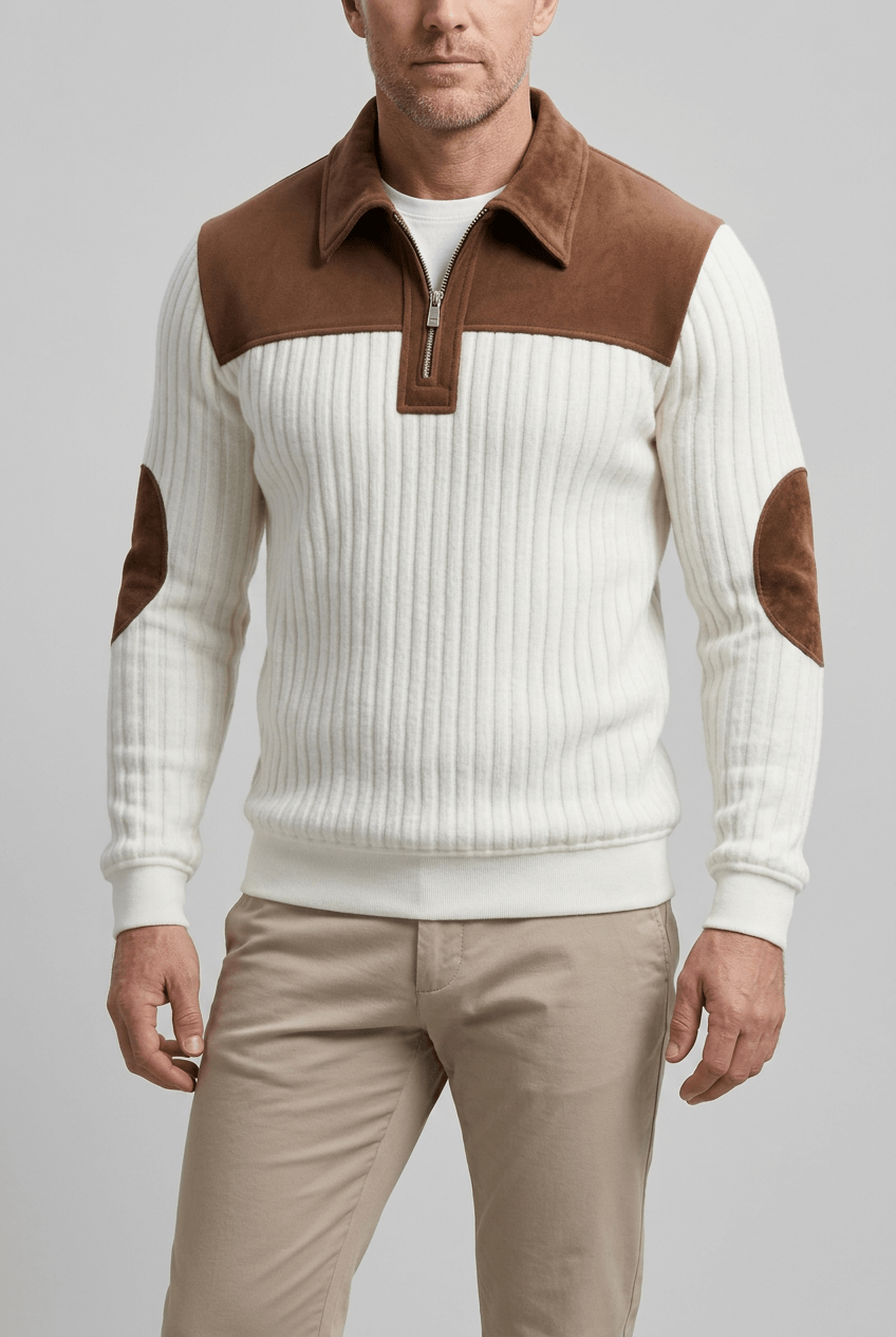 Men's Quarter Zip Pullover | Stand Collar, Contrast Shoulders and Elbow Patches
