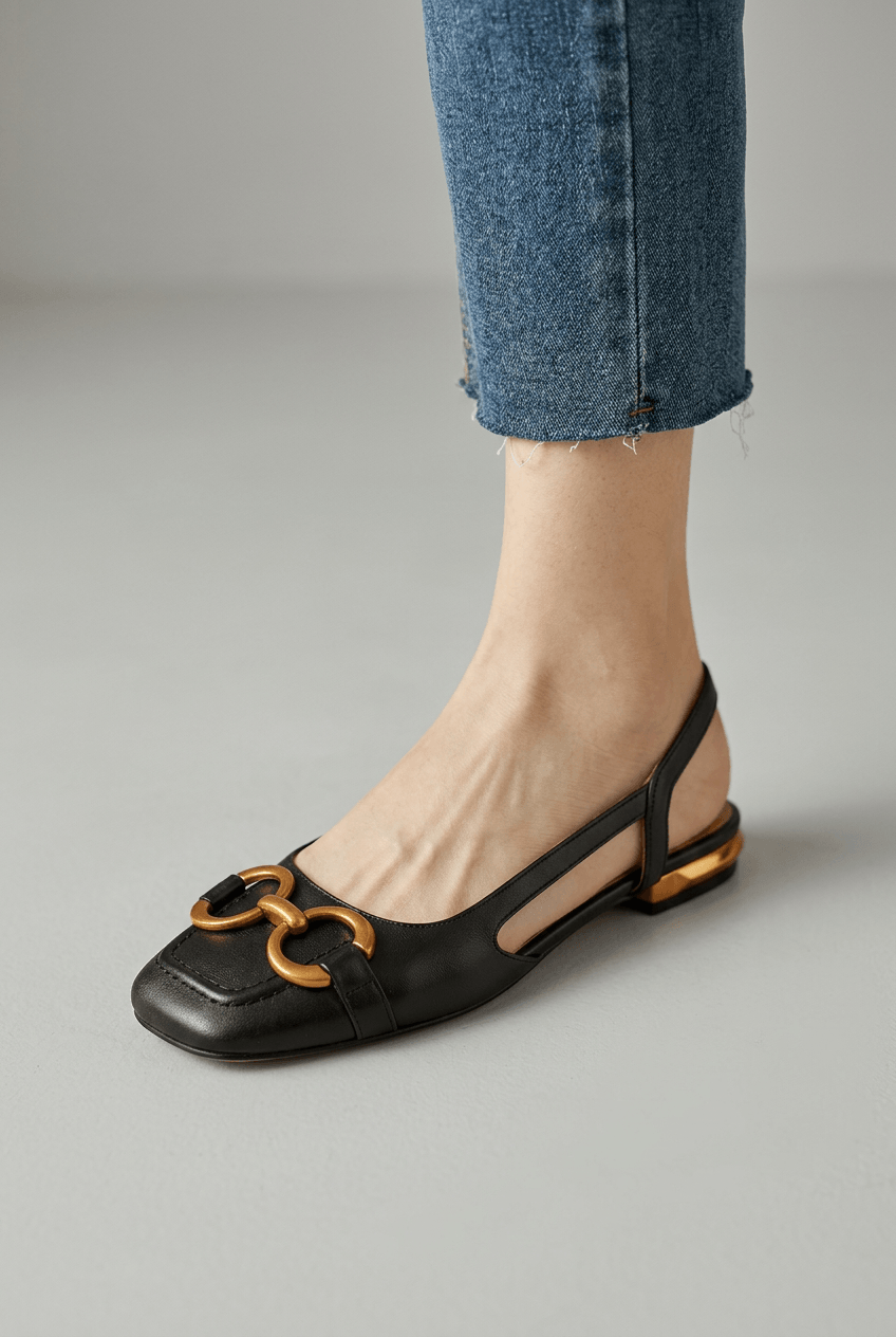 Women's Slingback Flats | Gold Buckle & Cut-Out Detail