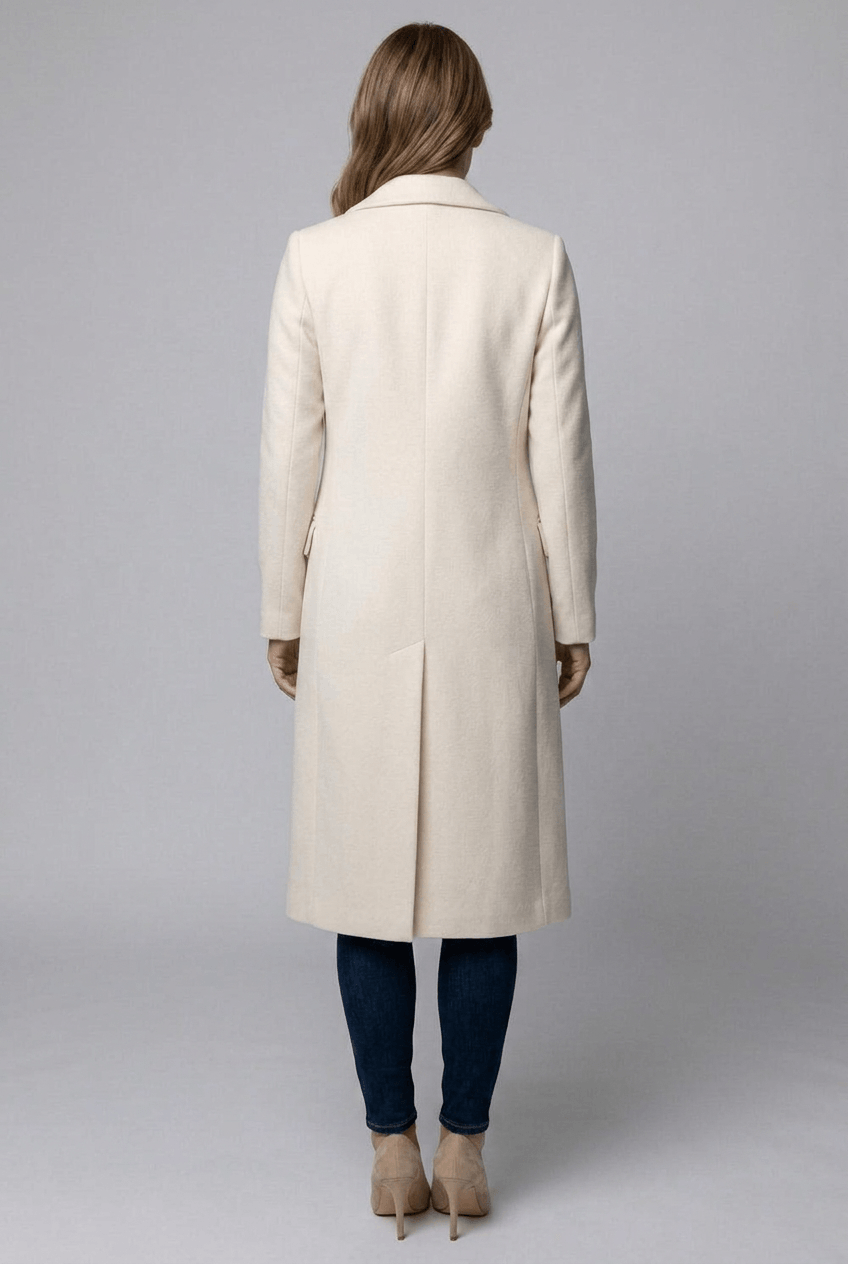 Women's Double-Breasted Long Coat | Notch Lapel & Flap Pockets