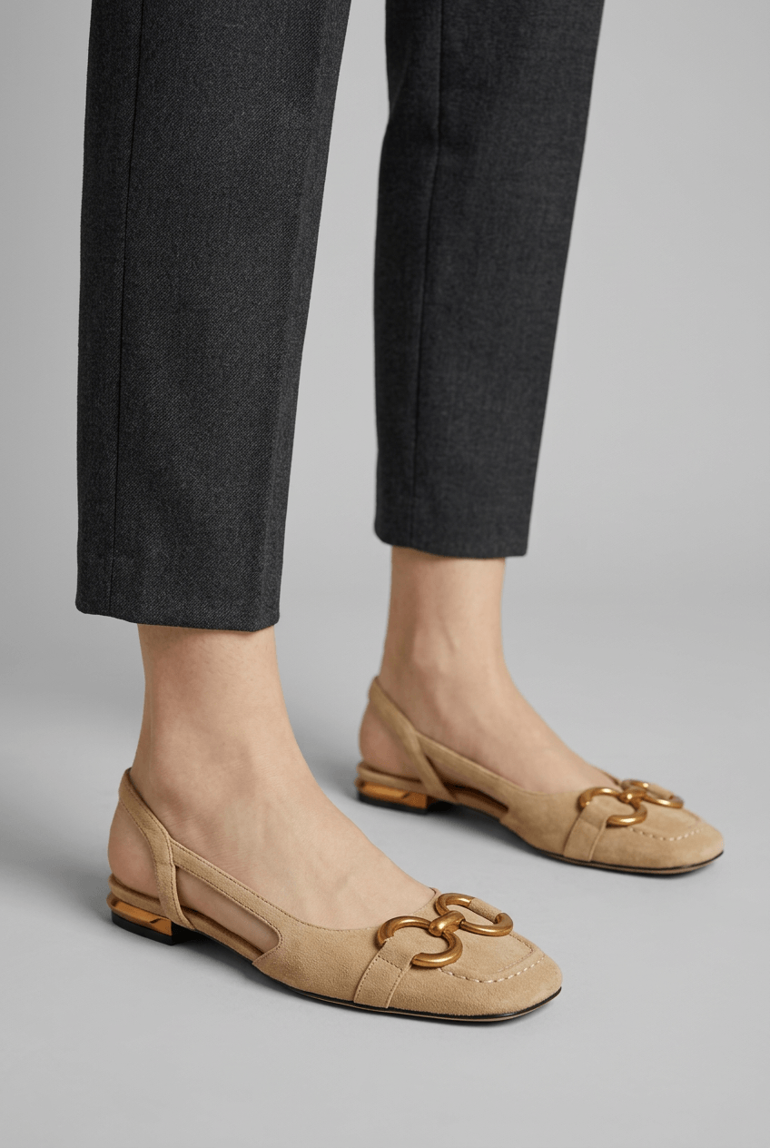 Women's Slingback Flats | Gold Buckle & Cut-Out Detail