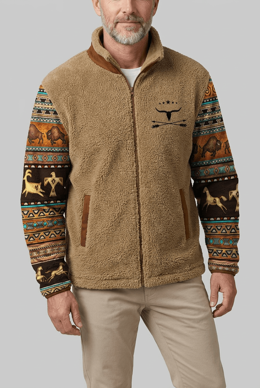 Men's Sherpa Fleece Jacket | Aztec Print Sleeves & Contrast Collar