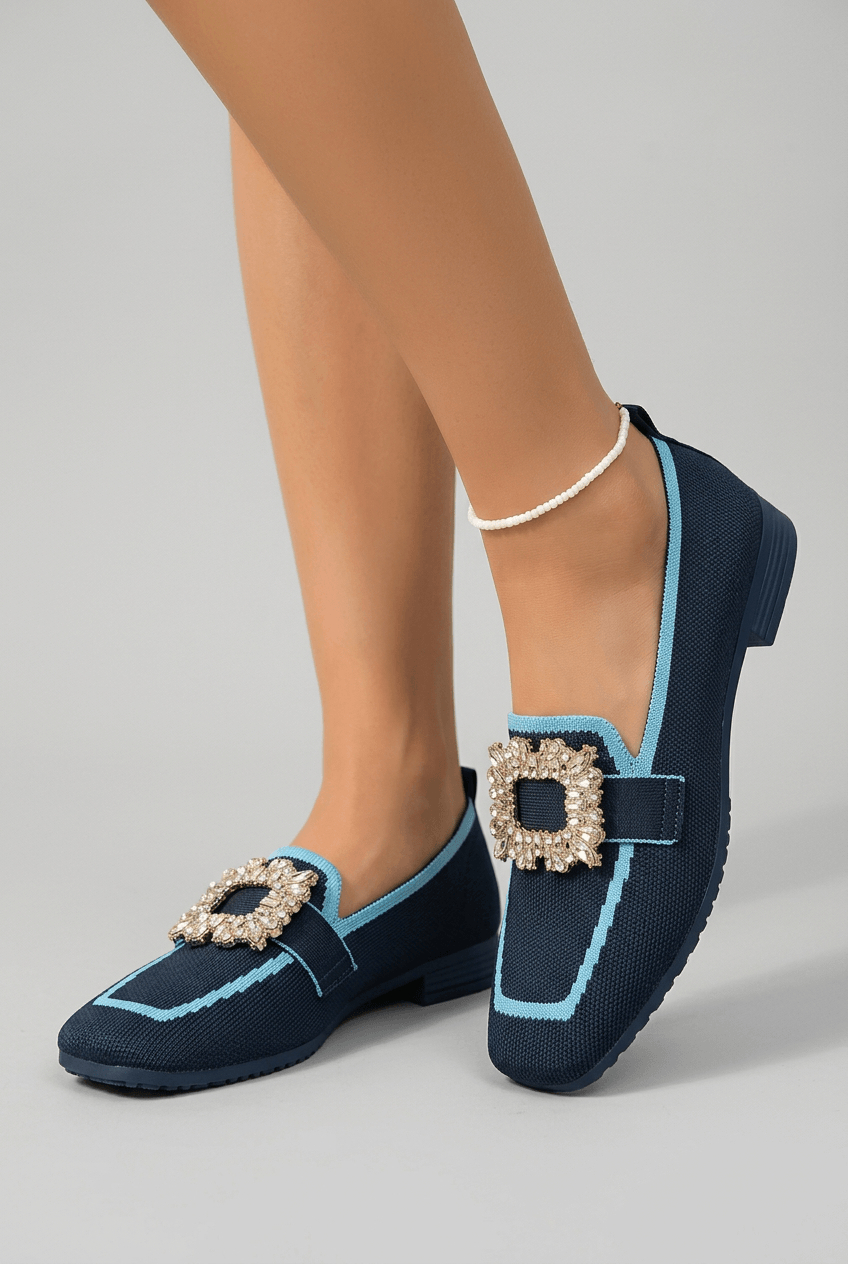 Women's Loafers | Knit Upper, Crystal Buckle & Square Toe