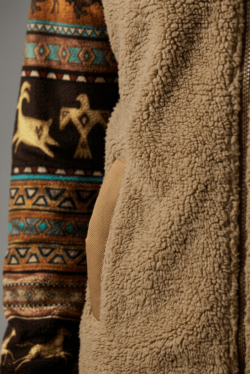 Men's Sherpa Fleece Jacket | Aztec Print Sleeves & Contrast Collar