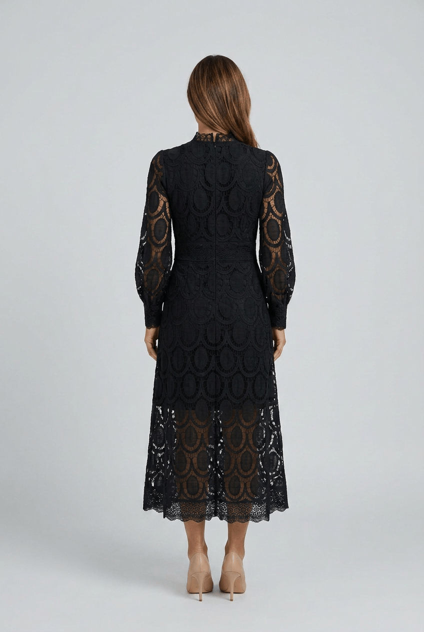 Women's Wedding Guest Dress Midi | Lace with Puff Sleeves