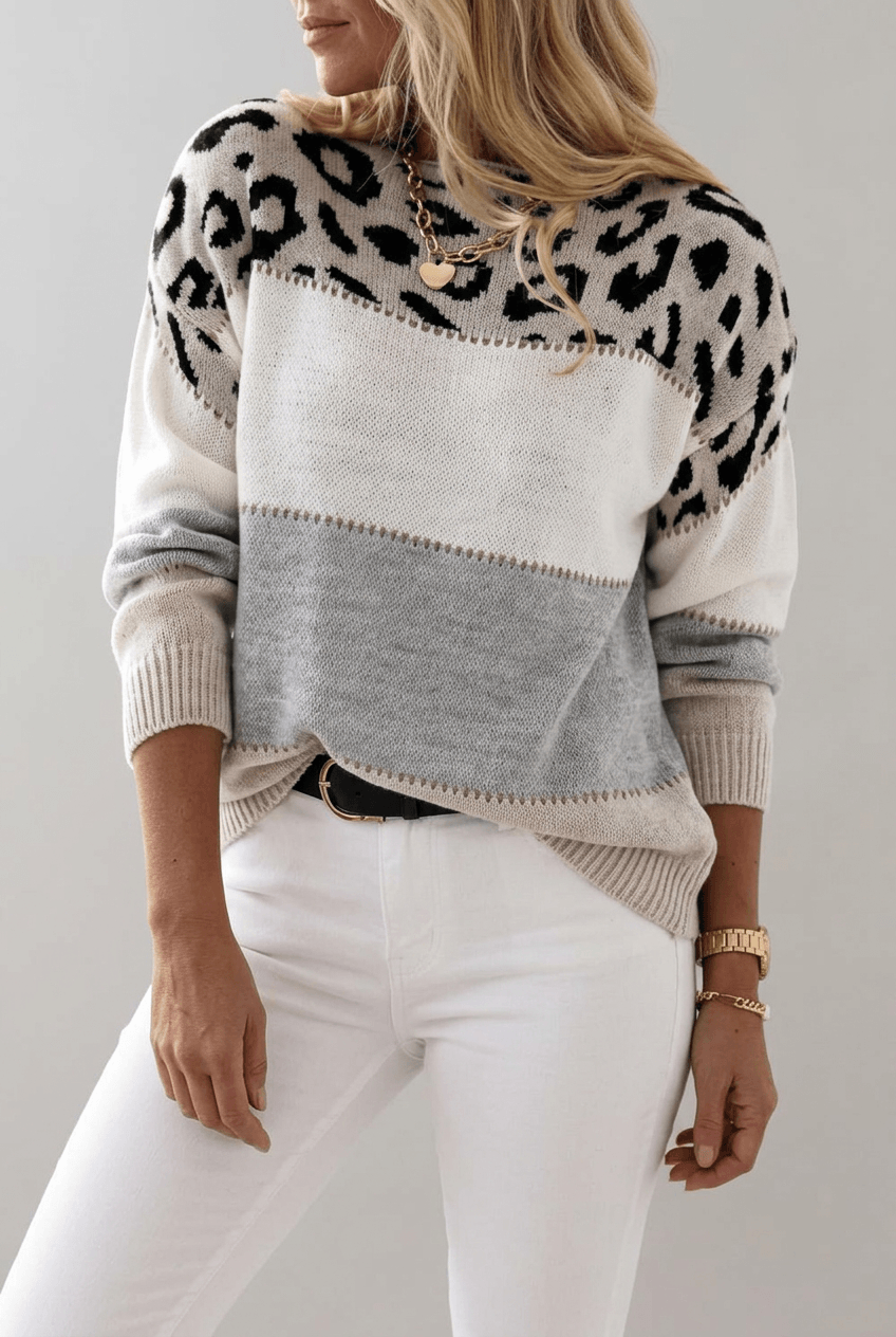 Women's Leopard Print Colourblock Jumper | Crew Neck