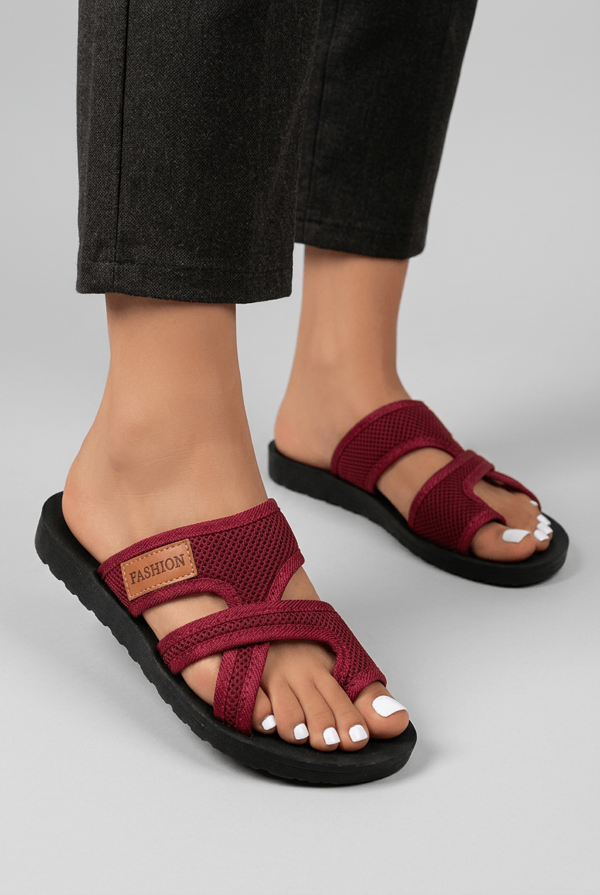 Women's Flat Slides | Open Toe, Crossover Mesh Straps & Cushioned Sole