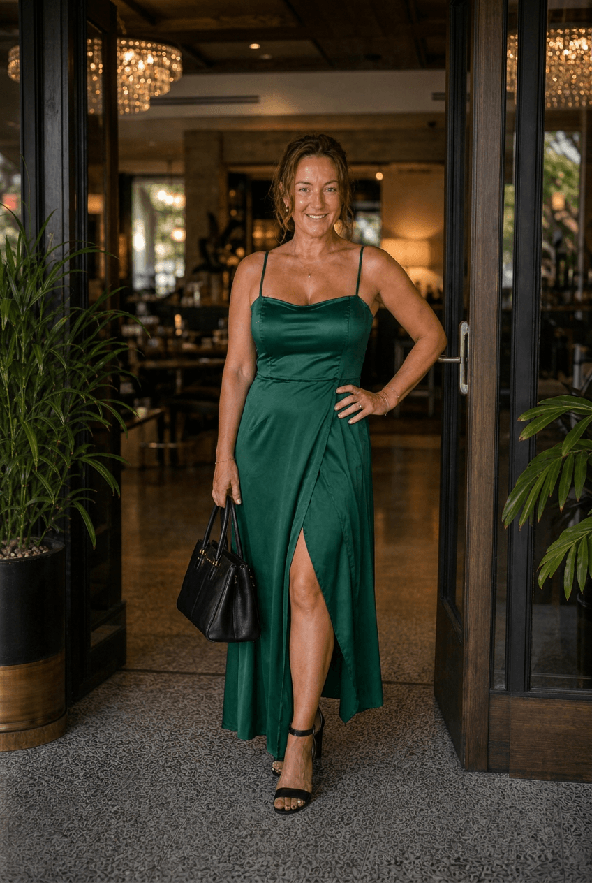Women's Wedding Guest Dress Maxi | Satin-Look with High Split
