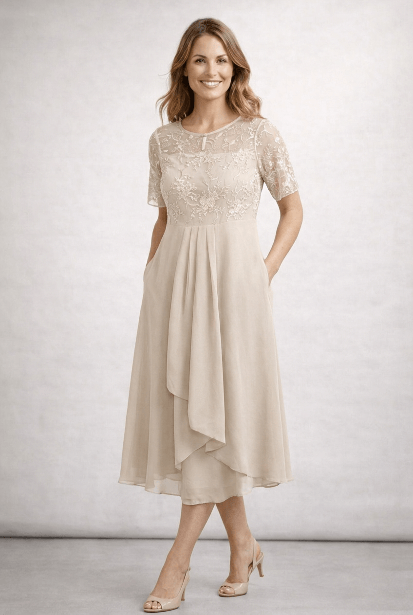 Women's Wedding Guest Dress Midi | Floral Embroidery & Layered Skirt