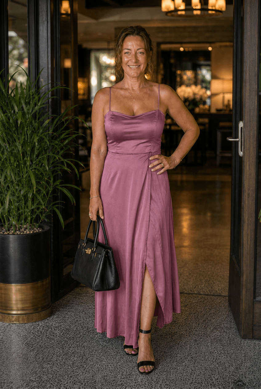 Women's Wedding Guest Dress Maxi | Satin-Look with High Split