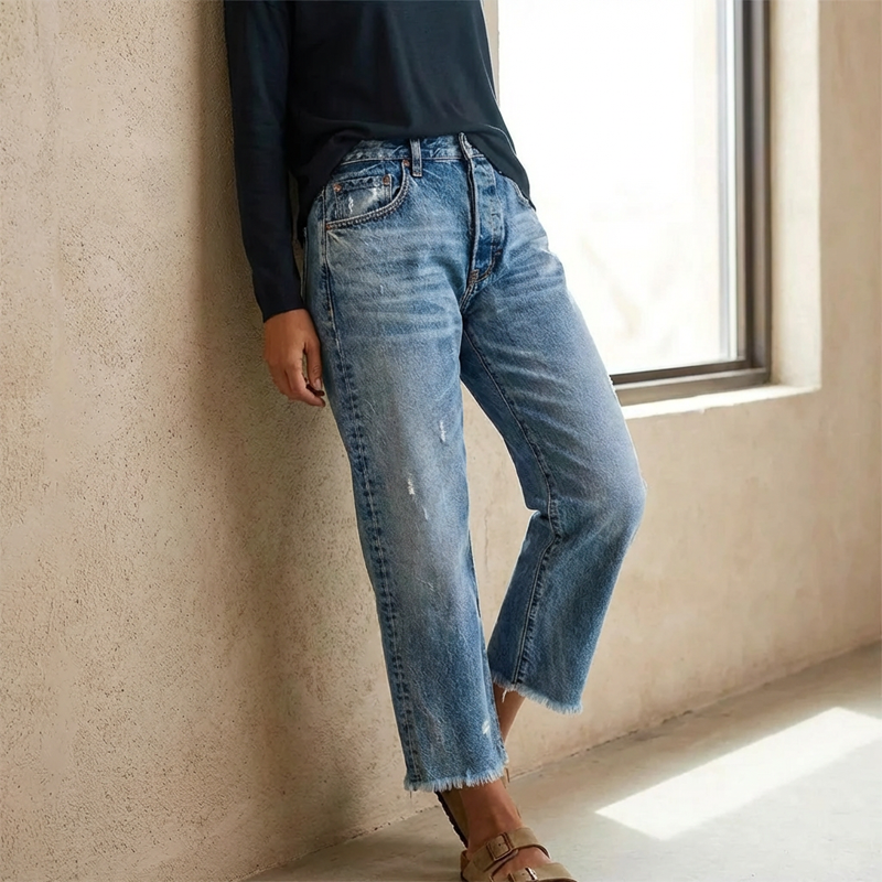Women's Wide Leg Cropped Jeans | Distressed Detail & Raw Hem