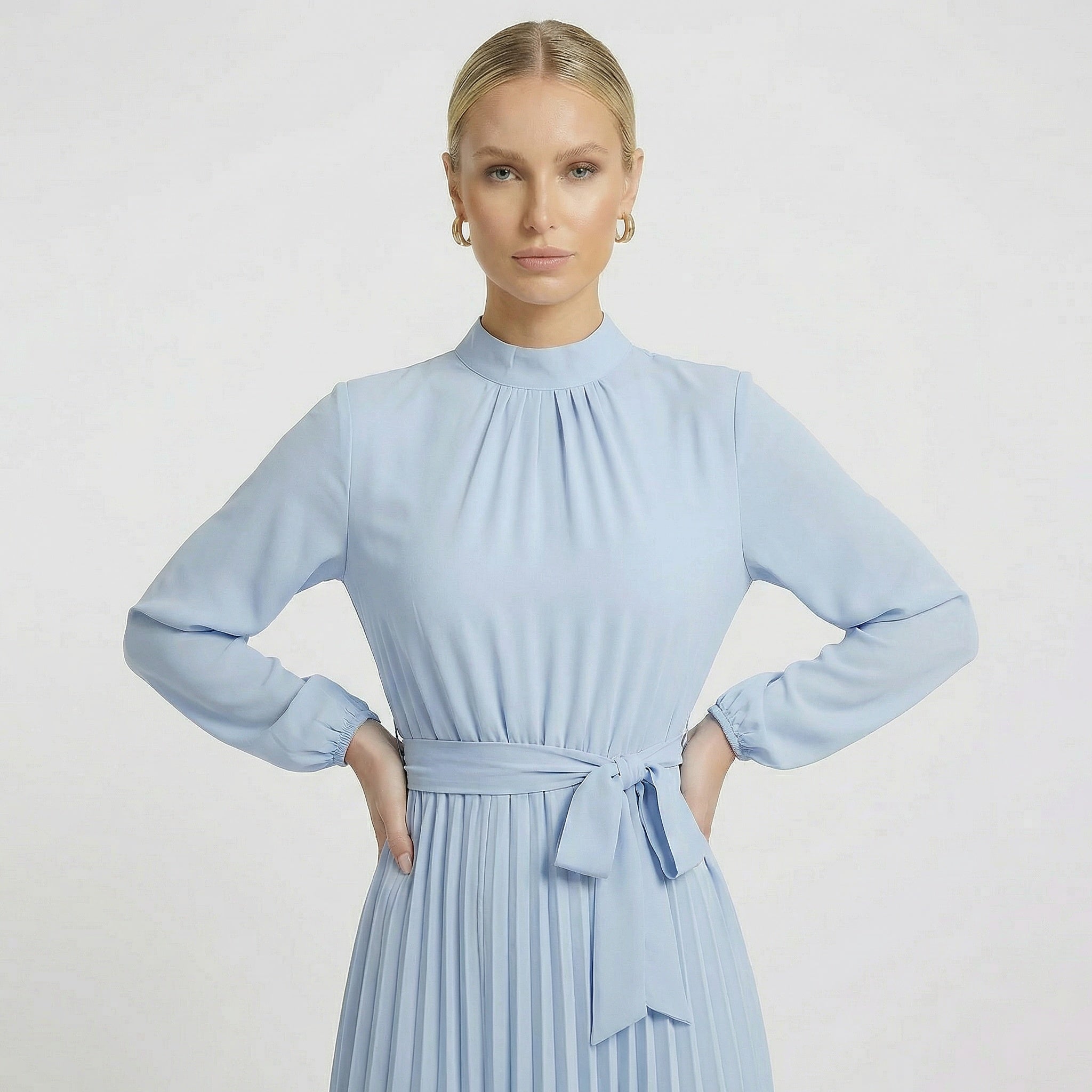 Women’s Dress | Long Sleeve Midi Pleated Belted Slim Fit