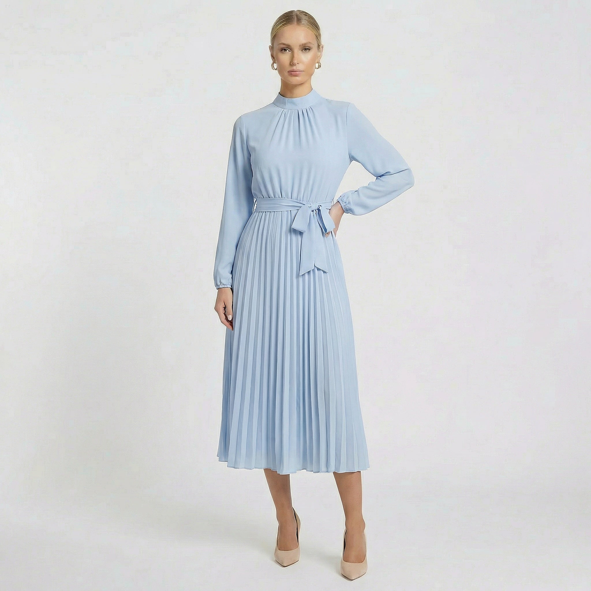 Women’s Dress | Long Sleeve Midi Pleated Belted Slim Fit