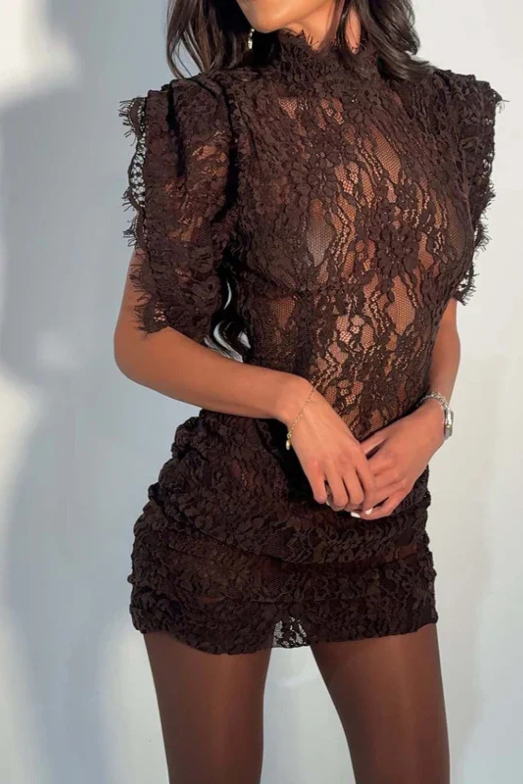 Mini Dress Women | High Neck, Lace & Flutter Sleeves