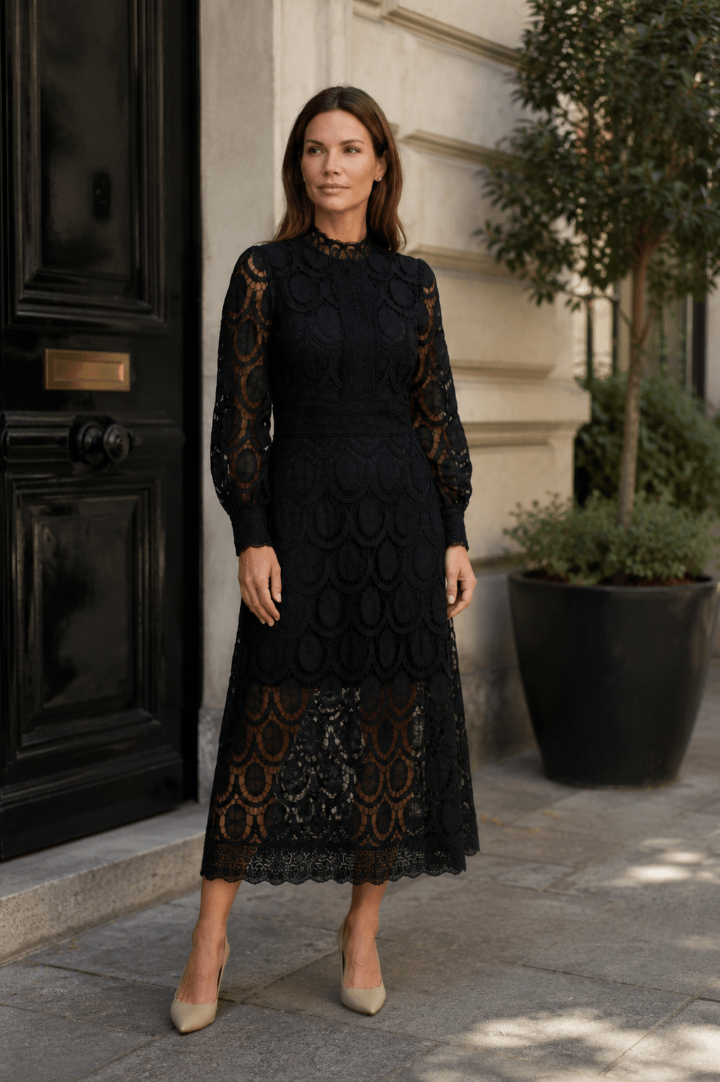 Women's Wedding Guest Dress Midi | Lace with Puff Sleeves