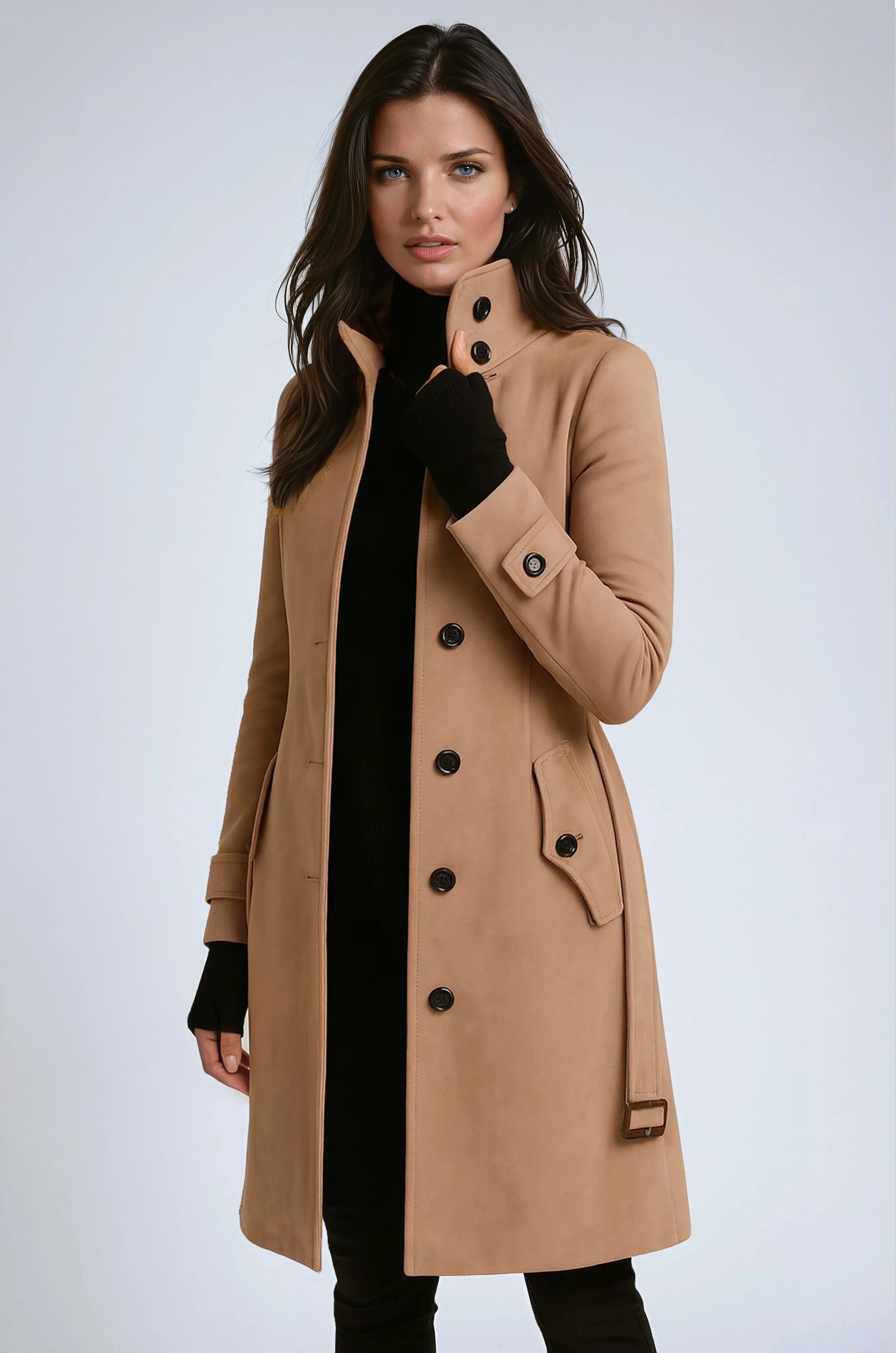 Tailored Longline Woman Coat with Buttoned Side Pockets and Flattering Waist Shaping