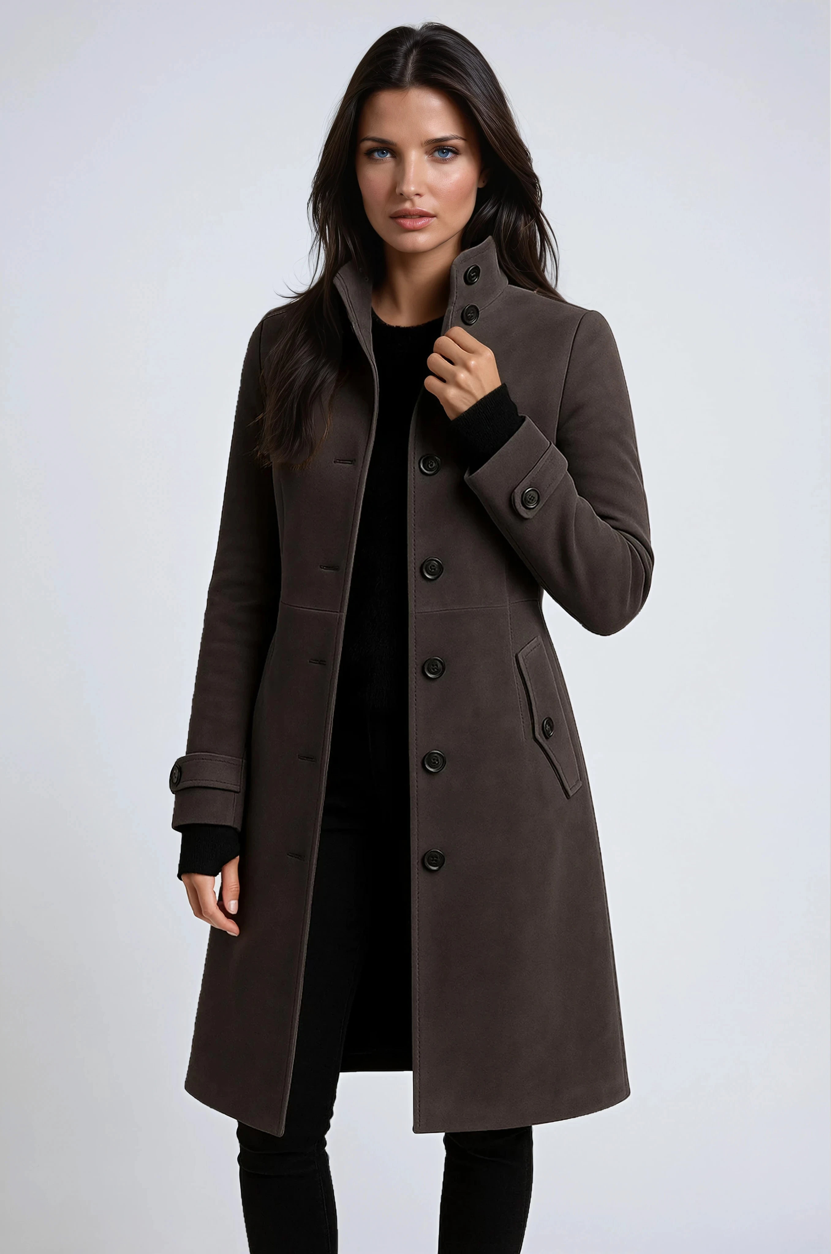 Tailored Longline Woman Coat with Buttoned Side Pockets and Flattering Waist Shaping