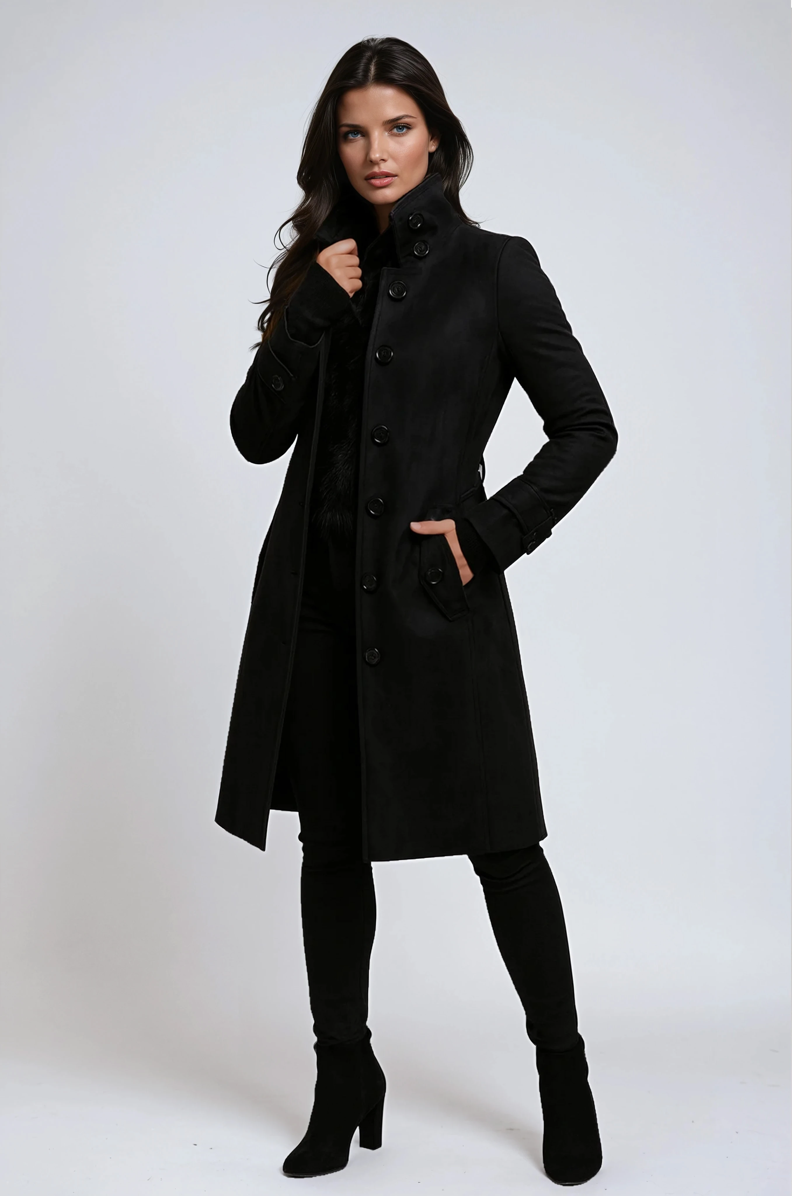 Tailored Longline Woman Coat with Buttoned Side Pockets and Flattering Waist Shaping
