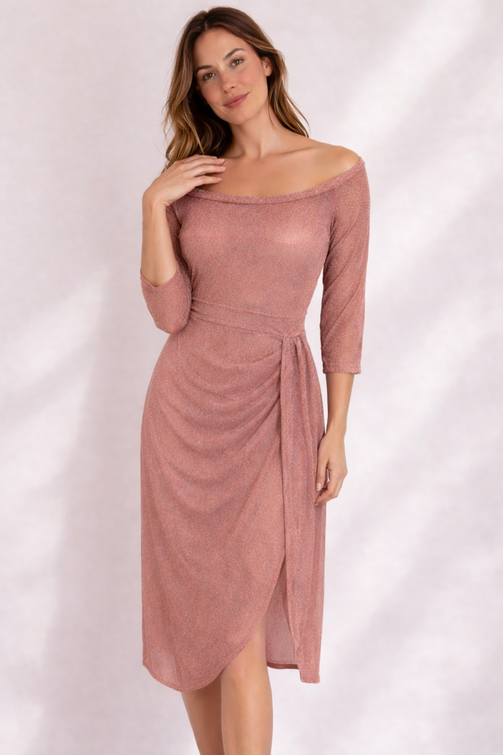 Women's Cocktail Dress Midi | Off-Shoulder Neckline & Glitter Fabric
