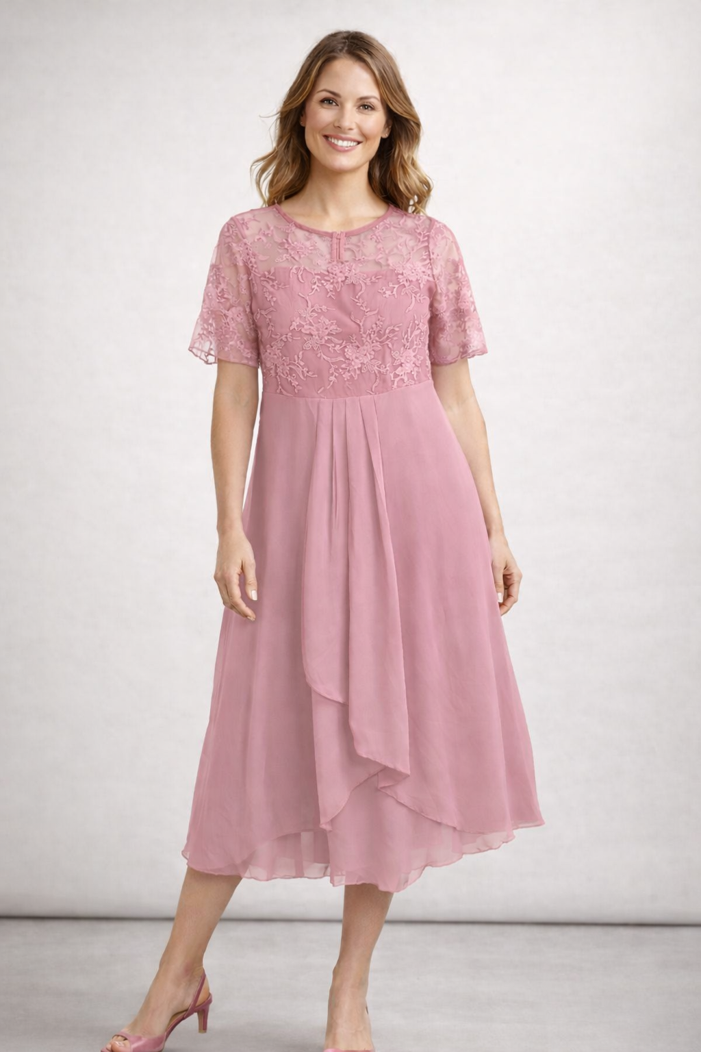 Women's Wedding Guest Dress Midi | Floral Embroidery & Layered Skirt