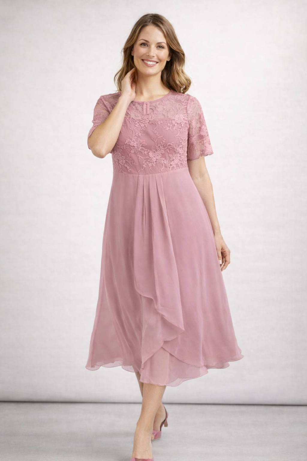 Women's Wedding Guest Dress Midi | Floral Embroidery & Layered Skirt