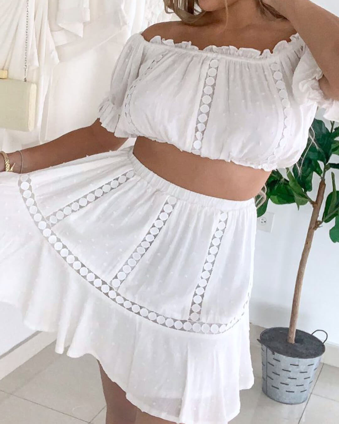 Women's Co-Ord Set | Bardot Crop Top, Puff Sleeves & Tiered Mini Skirt