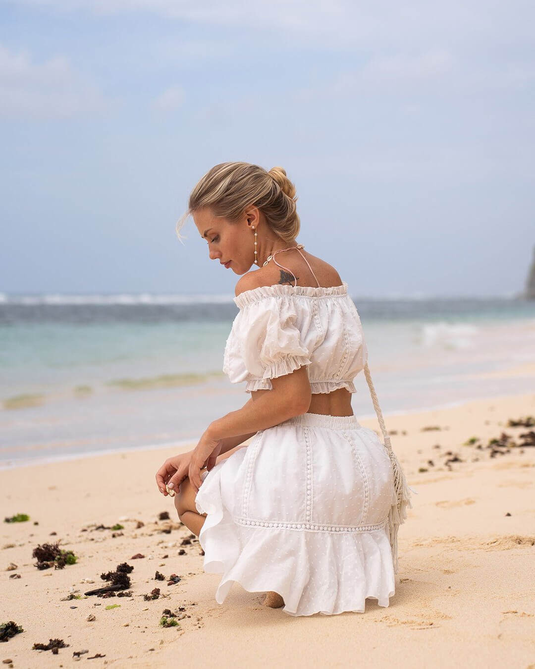Women's Co-Ord Set | Bardot Crop Top, Puff Sleeves & Tiered Mini Skirt