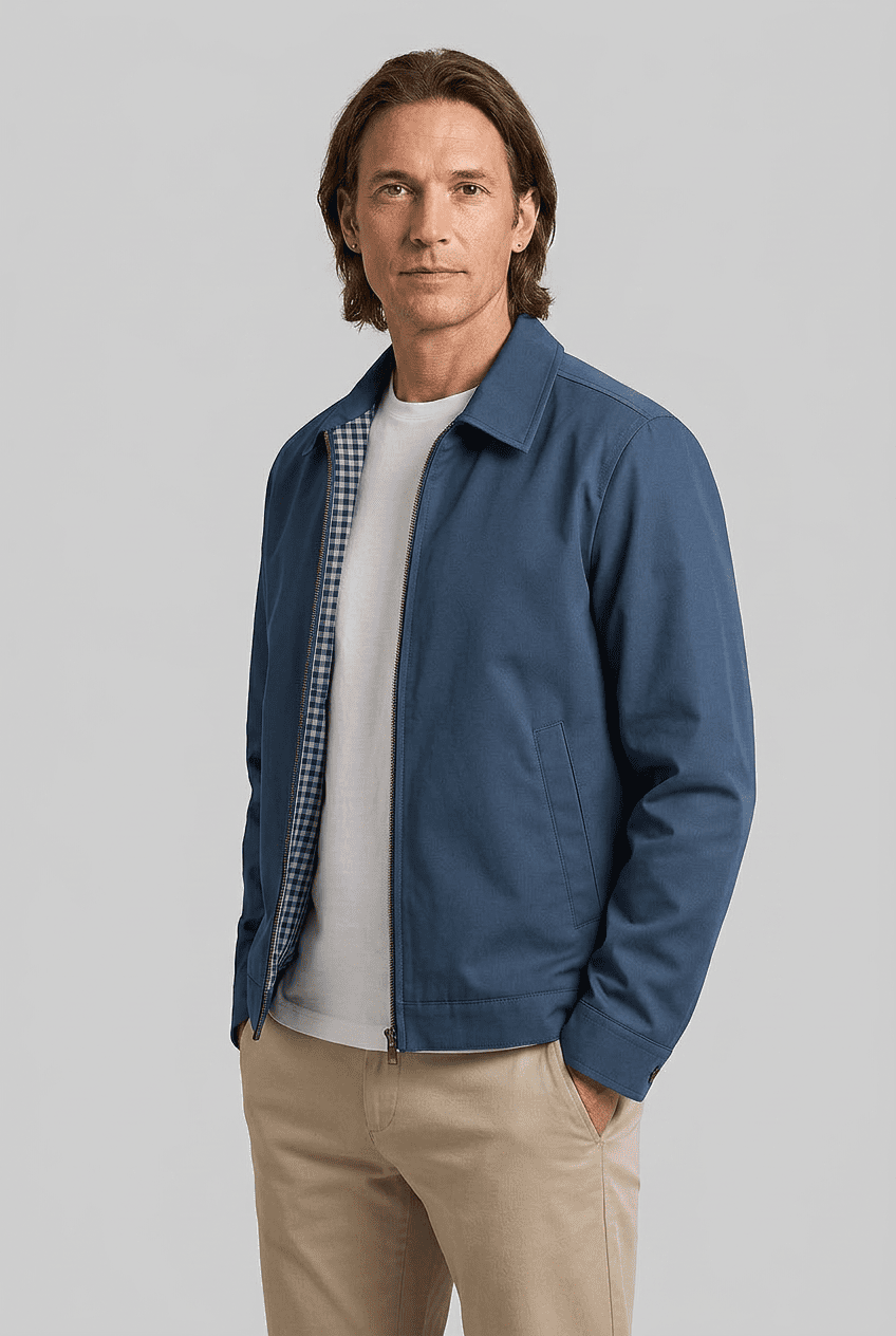 Men's Zip Up Jacket with Shirt Collar and Checked Lining | Harrington Style
