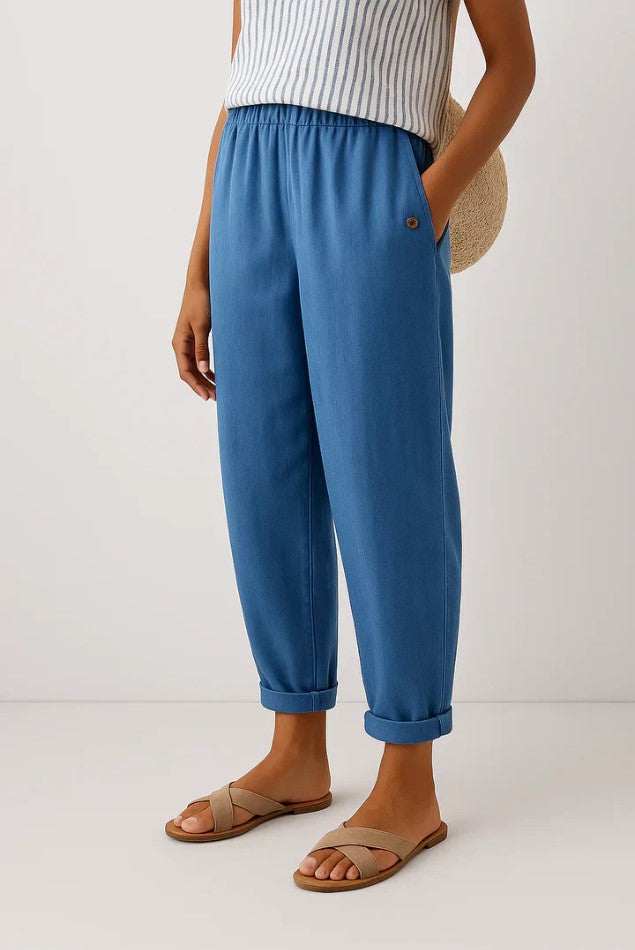 Women's Cropped Tapered Trousers | Elasticated Waist & Turn-Up Hem