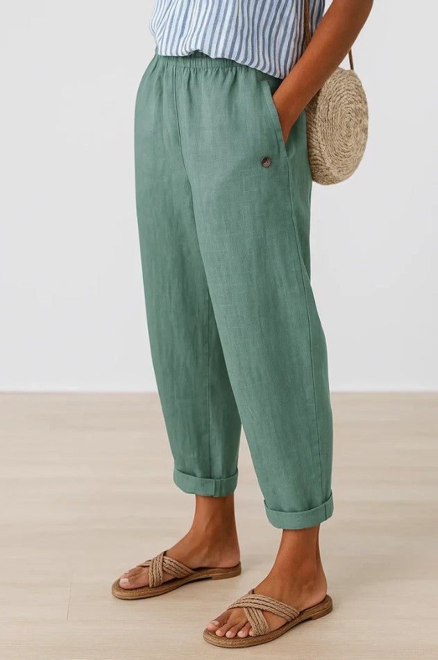 Women's Cropped Tapered Trousers | Elasticated Waist & Turn-Up Hem