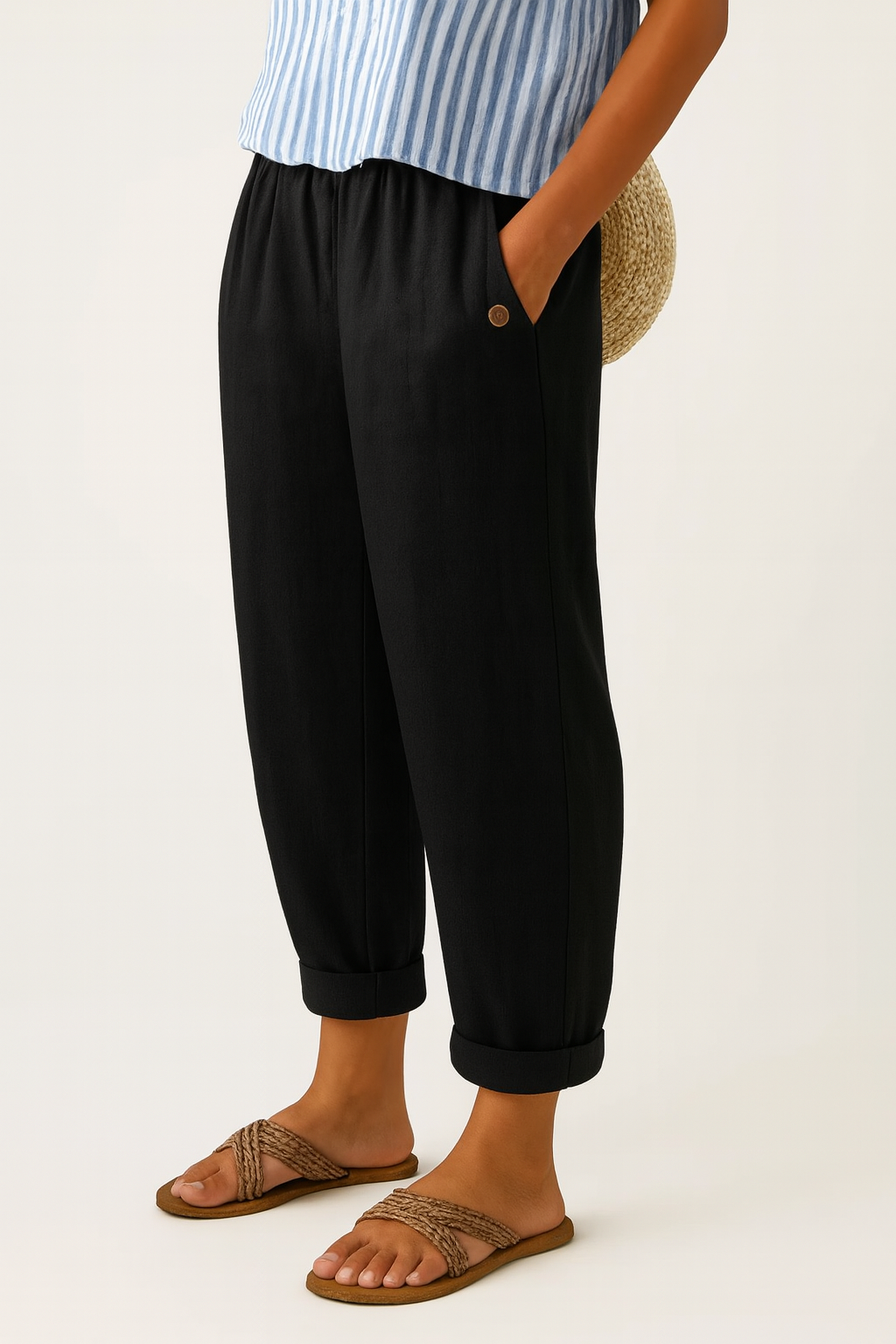 Women's Cropped Tapered Trousers | Elasticated Waist & Turn-Up Hem