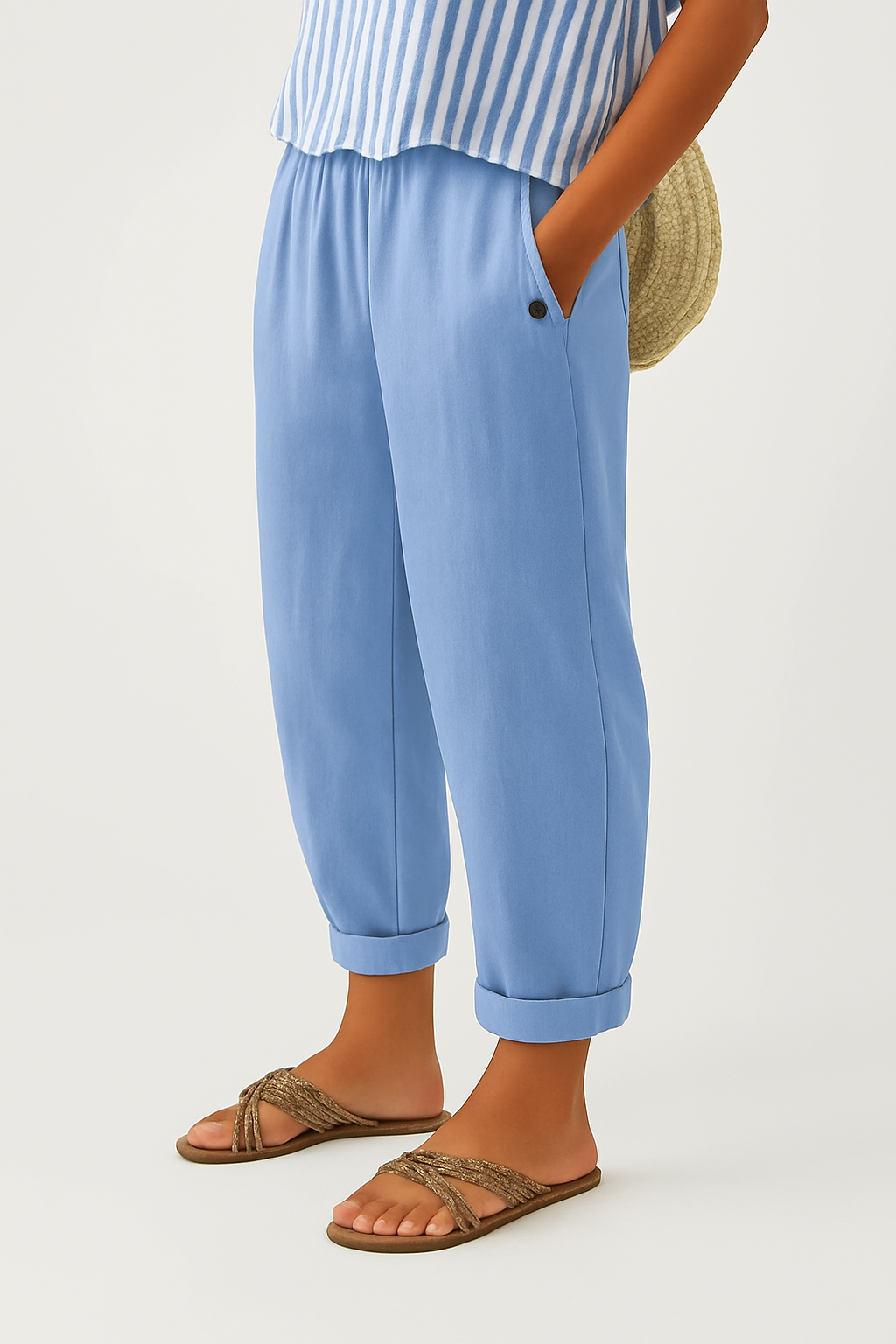 Women's Cropped Tapered Trousers | Elasticated Waist & Turn-Up Hem