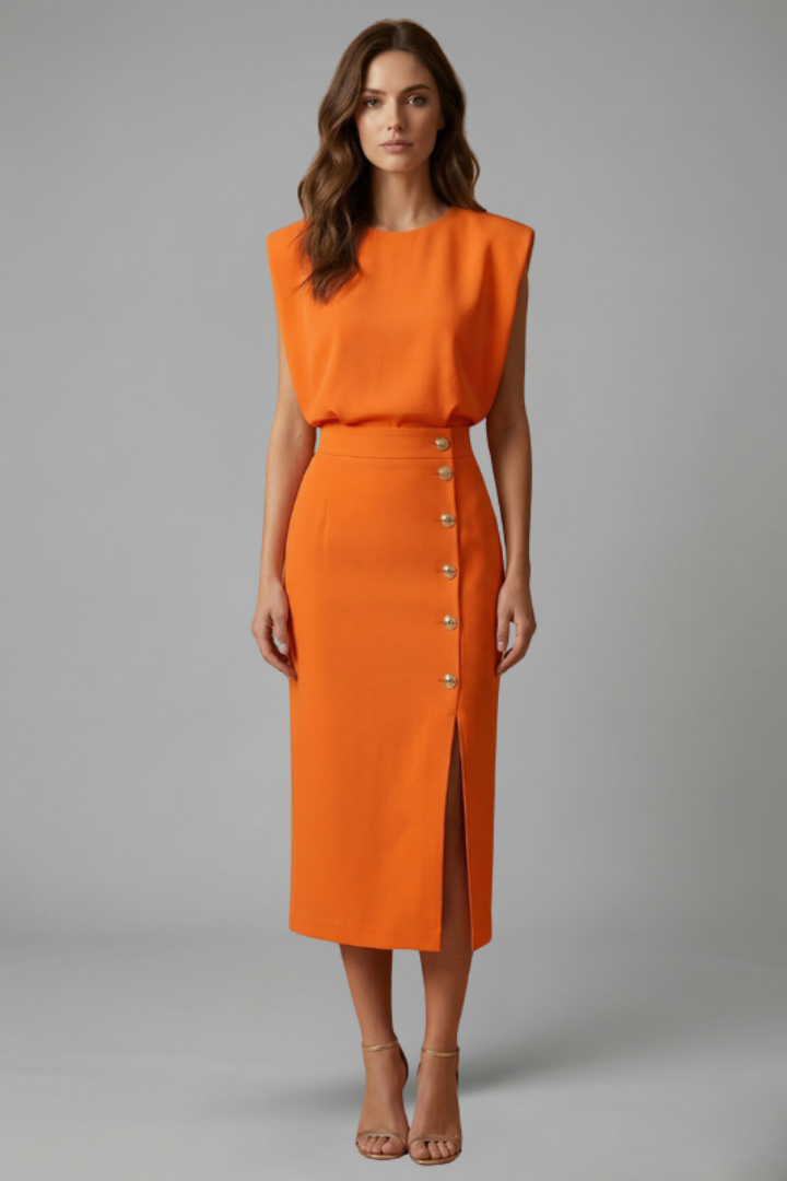 Women’s Dress | Button Slit Midi Round Neck