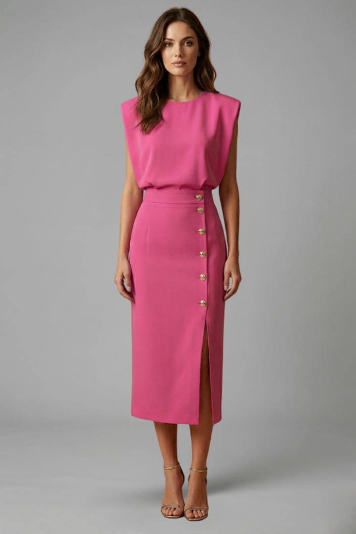 Women’s Dress | Button Slit Midi Round Neck