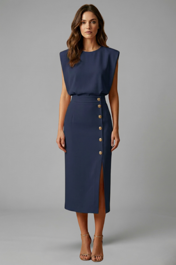 Women’s Dress | Button Slit Midi Round Neck