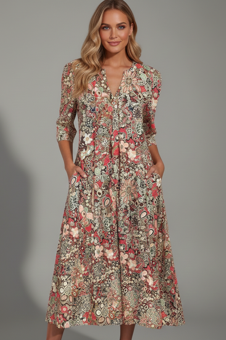 Women’s Dress | 3/4 Sleeves Midi V-Neck