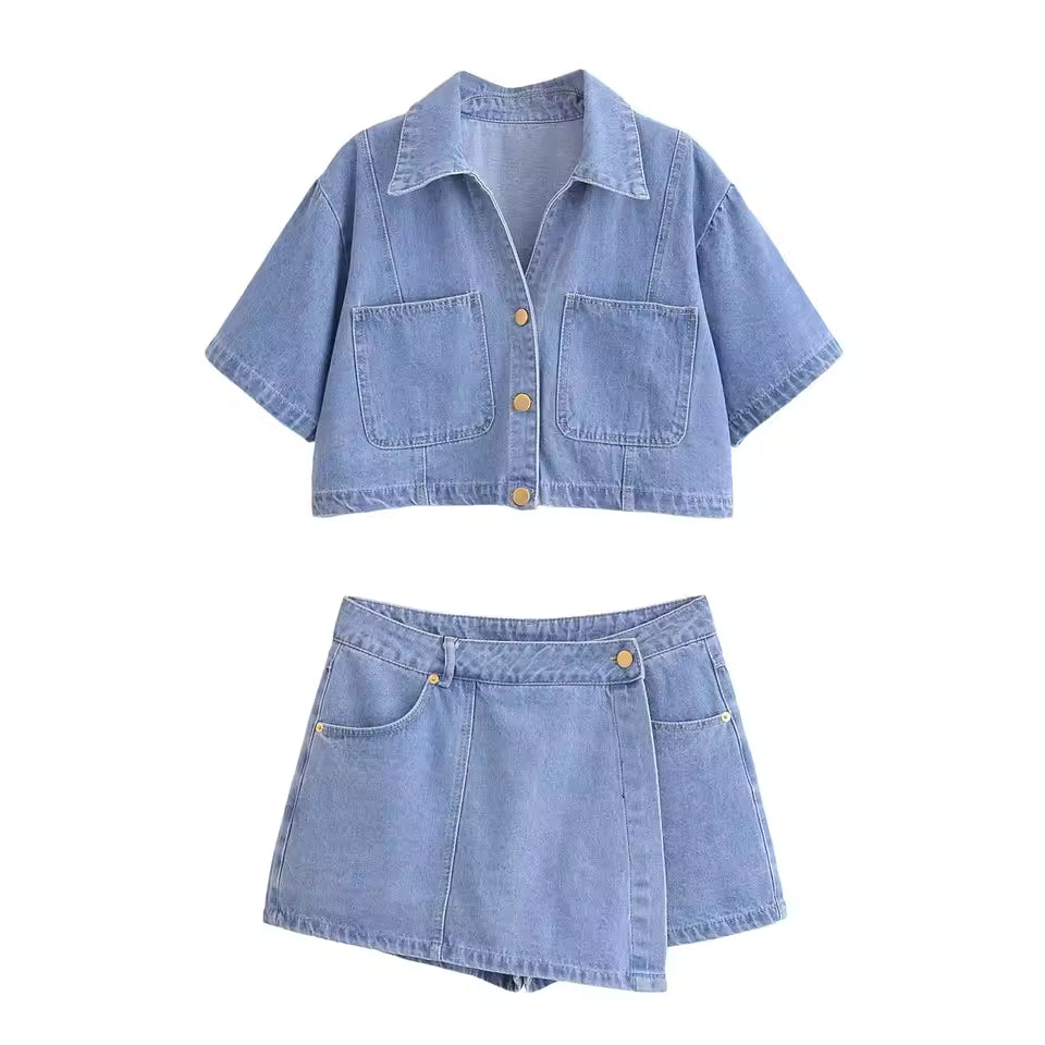 Women's Denim Set | Loose Fit Crop Top Mini Skort