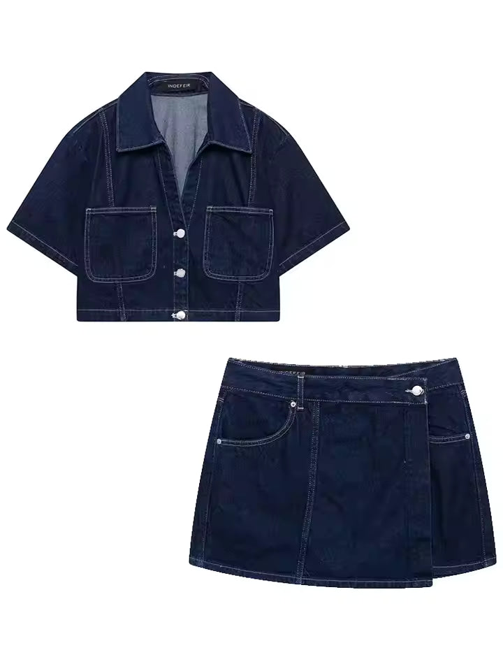 Women's Denim Set | Loose Fit Crop Top Mini Skort