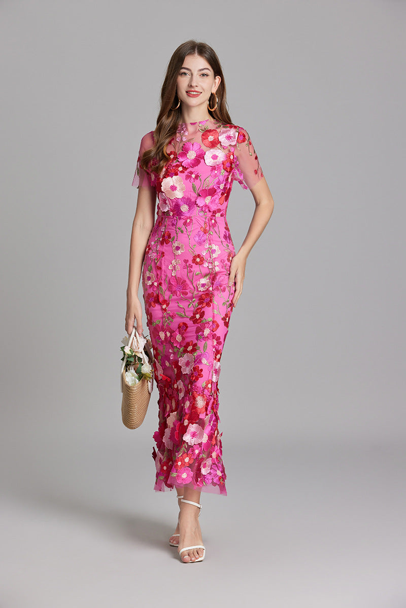 Women's Dress | Floral Embroidered Pink Maxi