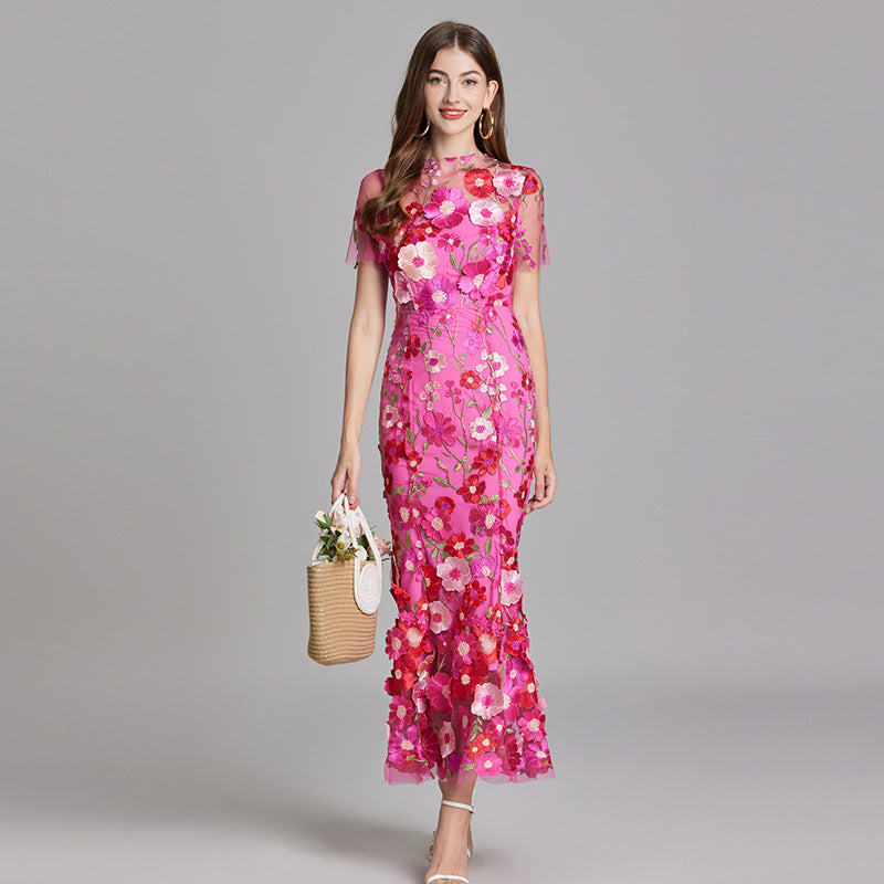 Women's Dress | Floral Embroidered Pink Maxi