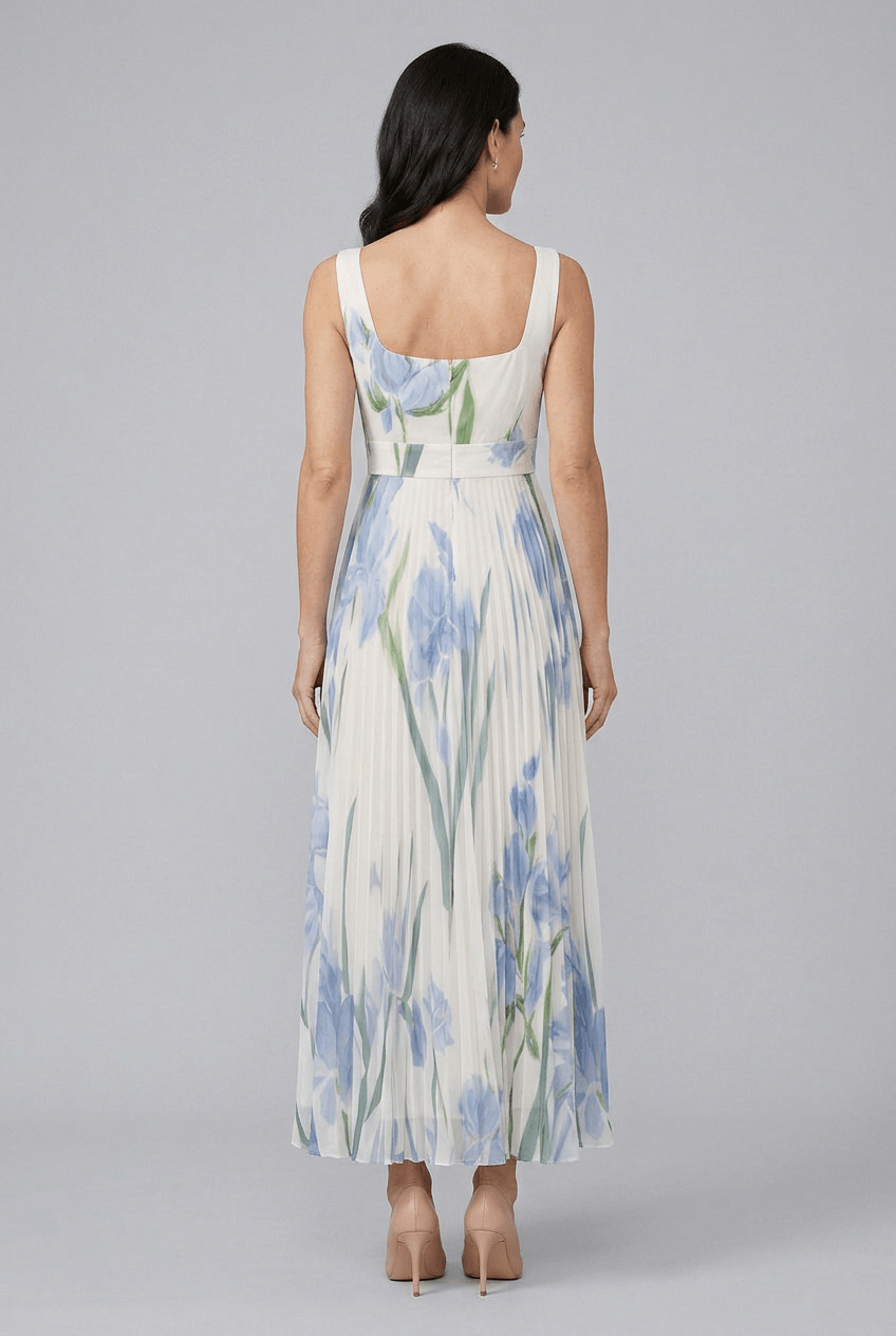 Women's Wedding Guest Dress with Floral Print | Pleated A-Line Skirt
