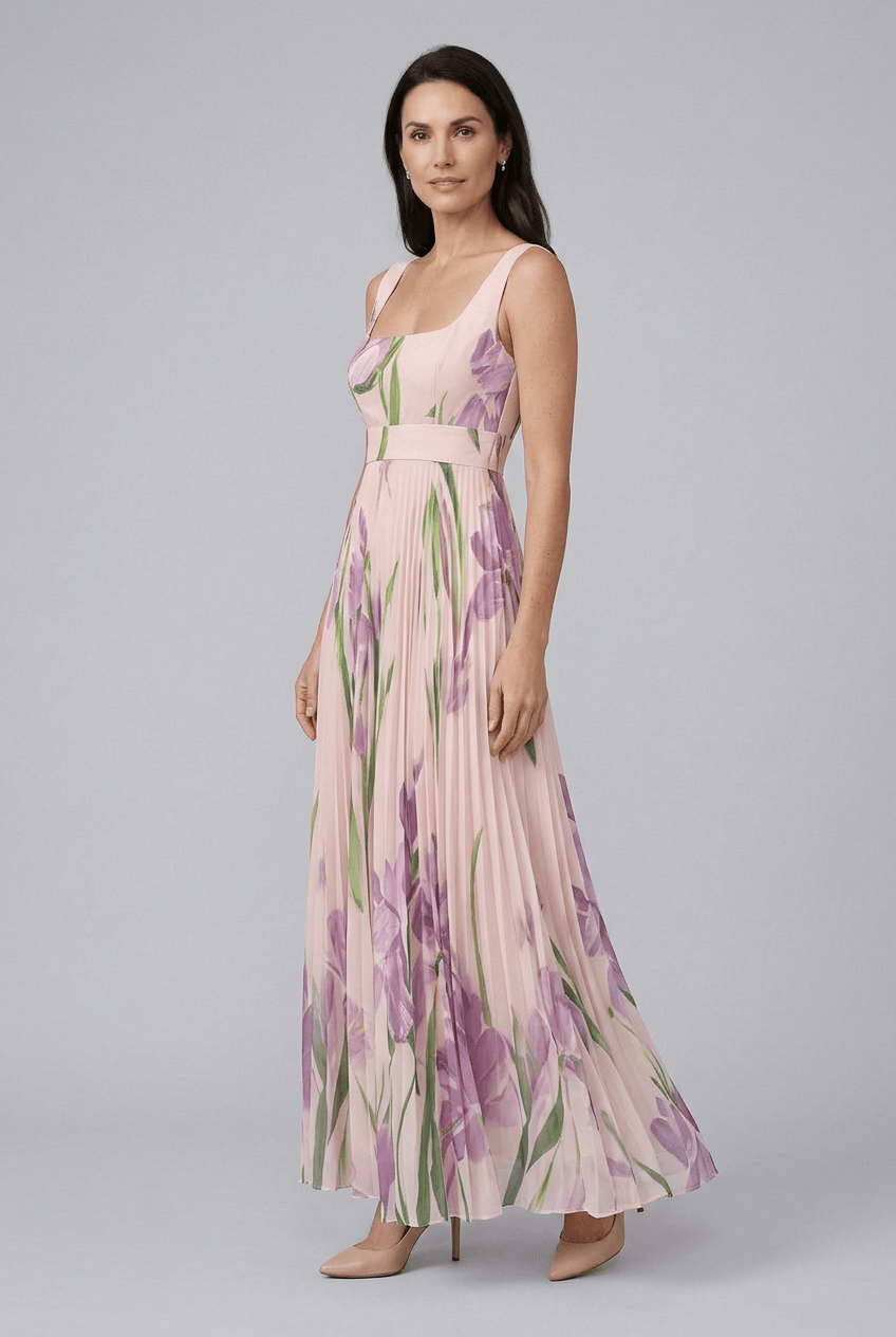 Women's Wedding Guest Dress with Floral Print | Pleated A-Line Skirt