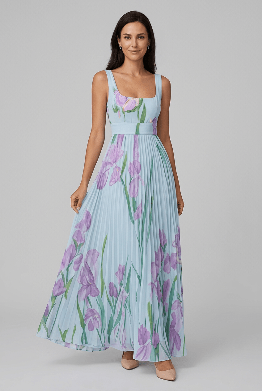 Women's Wedding Guest Dress with Floral Print | Pleated A-Line Skirt