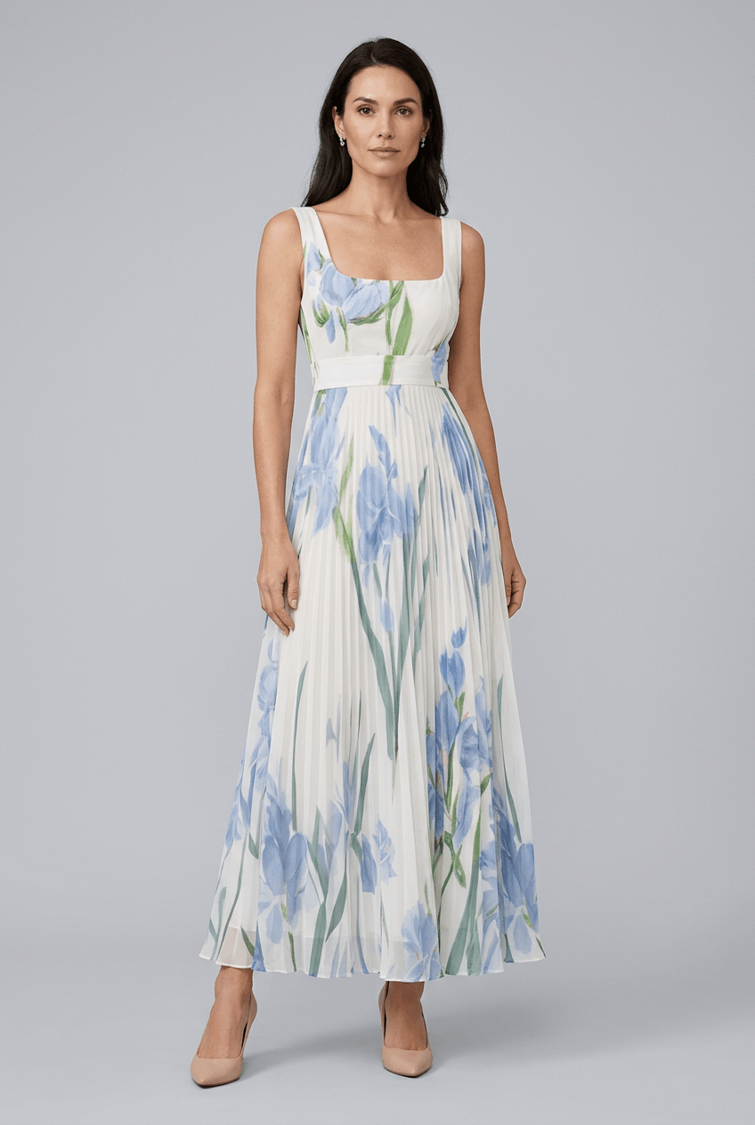 Women's Wedding Guest Dress with Floral Print | Pleated A-Line Skirt
