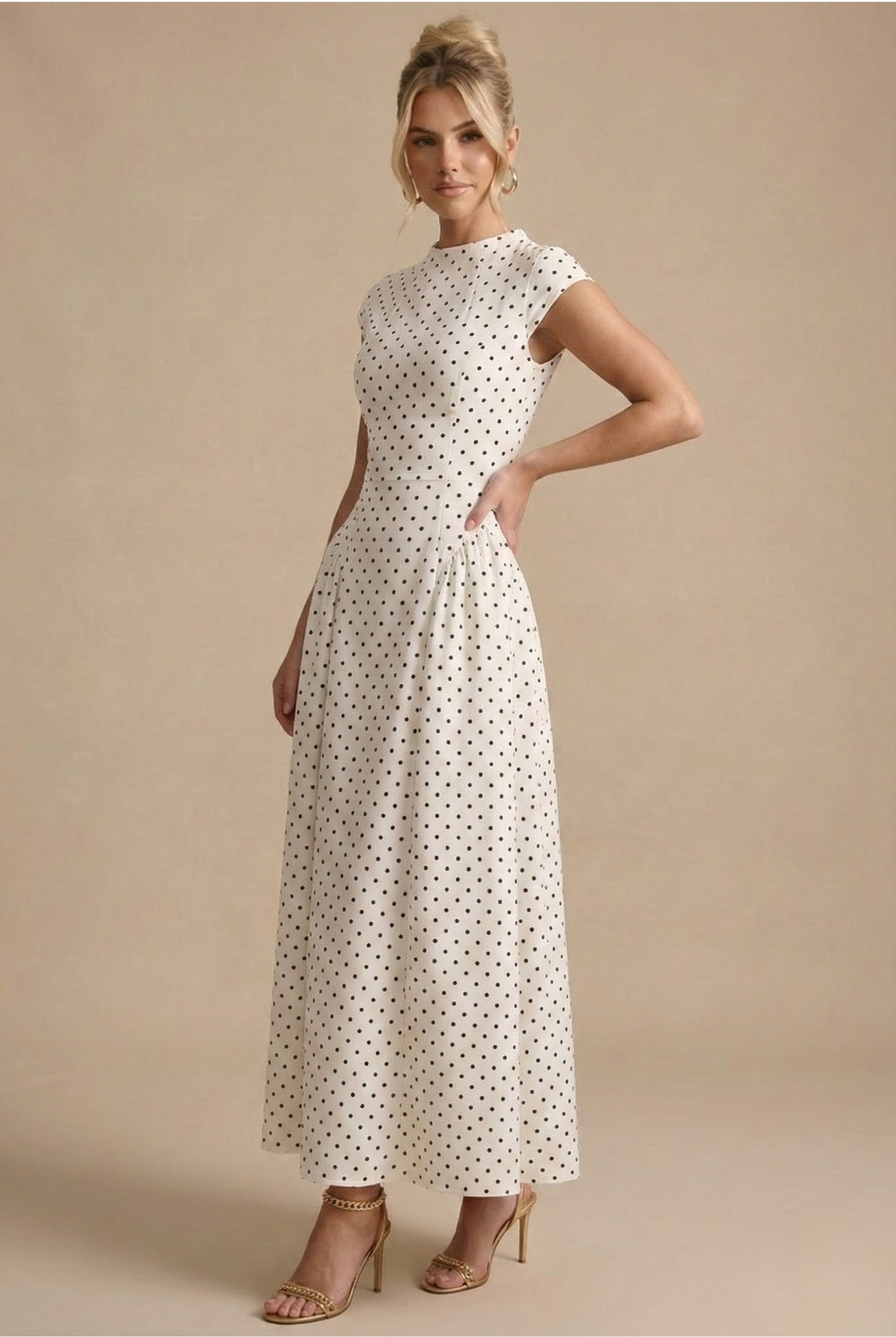 Women's Dress | White Polka Dot Midi with Cap Sleeves