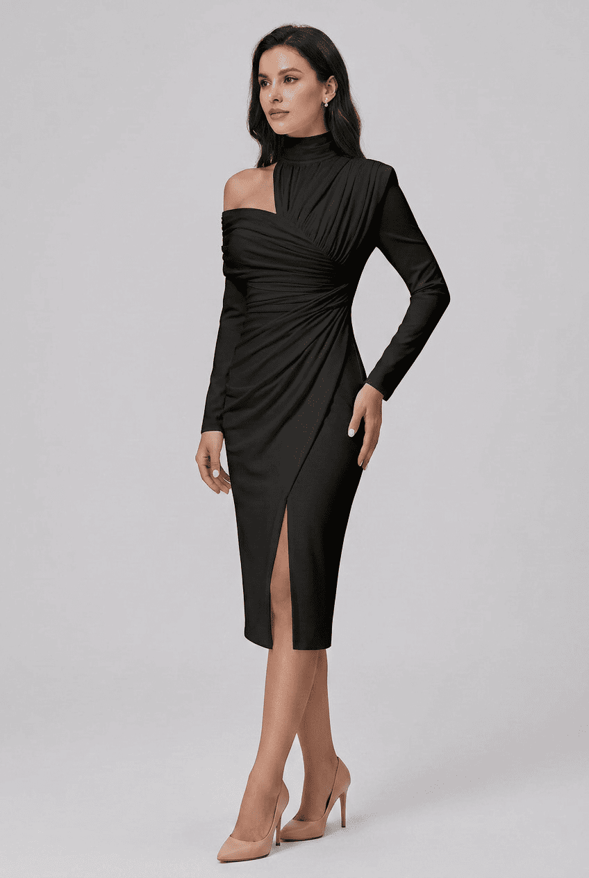 Women’s Ruched High Neck Wedding Guest Dress | Midi